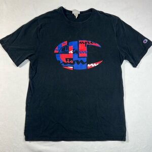 Vintage Champion Big Embroidered Logo T Shirt Black Mens XL